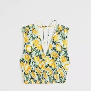 Abercrombie & Fitch Lemon Print Linen V Neck Crop Top
